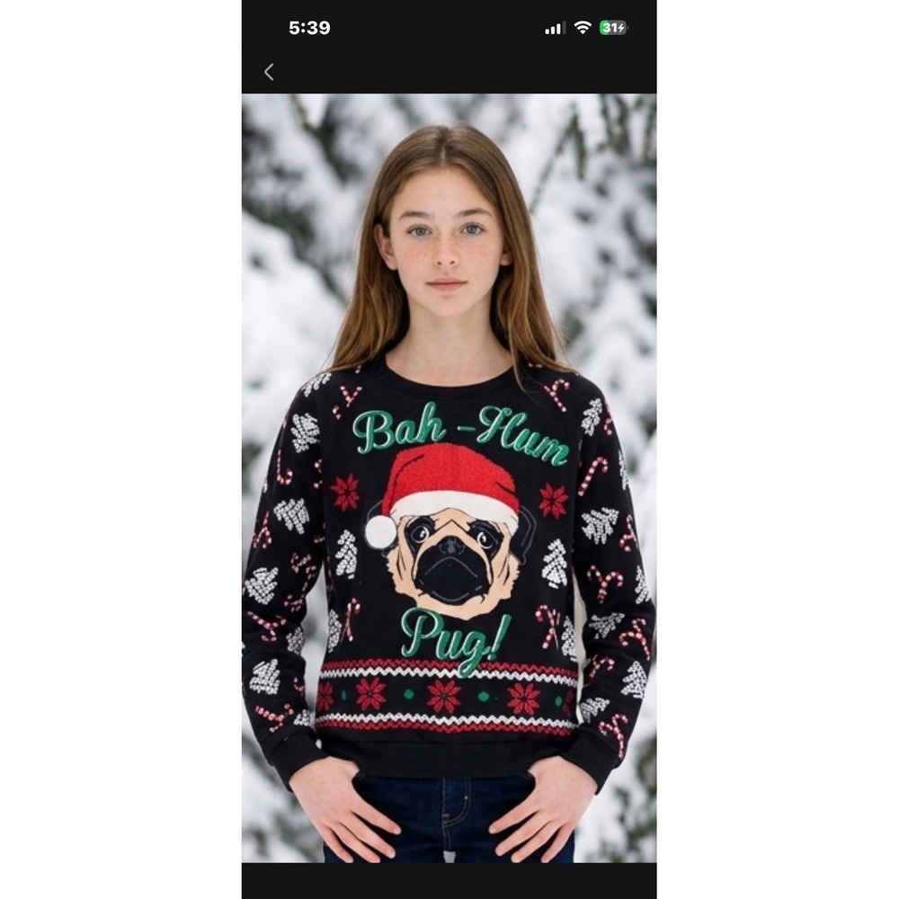 Freeze Bah-Hum Pug Christmas Sweatshirt Medium Black Dog Holiday Ugly Sweater